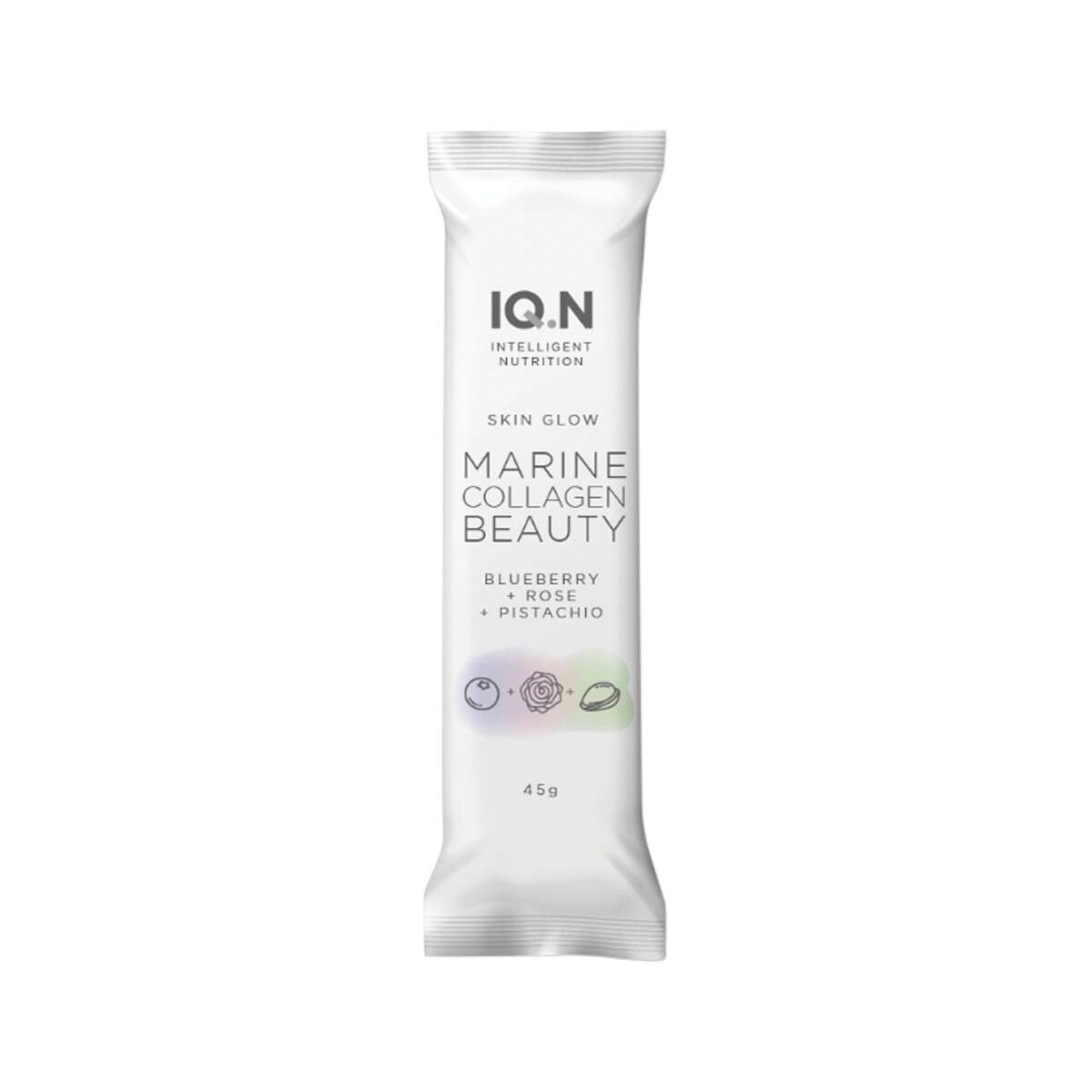 image of IQ.N Intelligent Nutrition Marine Collagen Beauty Bar (Skin Glow) Blueberry + Rose + Pistachio 45g x 10 on white background