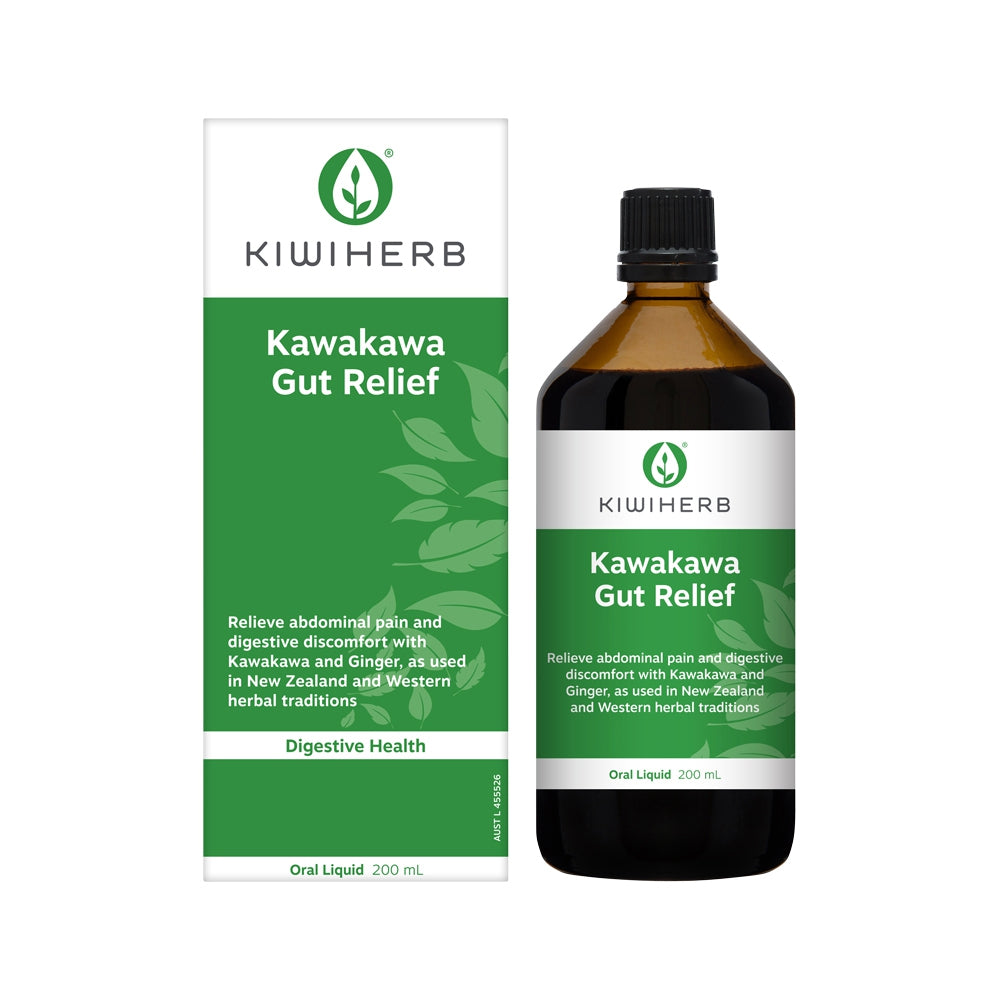 Kiwiherb Kawakawa Gut Relief bottle and packaging on a white background