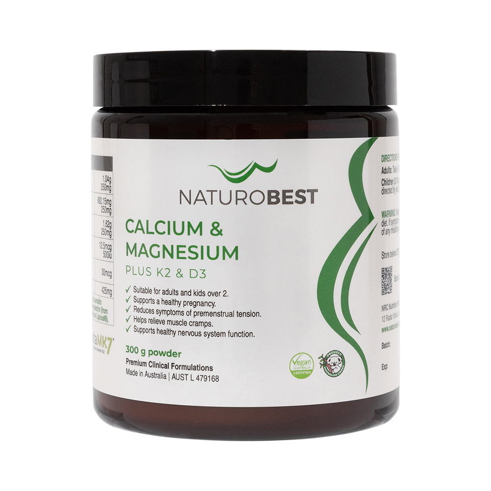 image of NaturoBest Calcium & Magnesium Plus K2 & D3 300g with white background 
