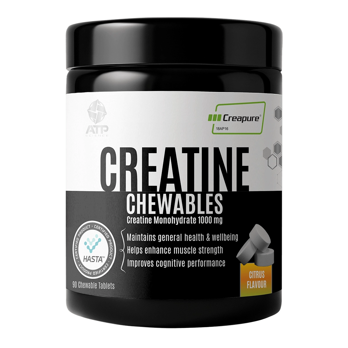 Creatine chewables supplement container with label on a white background