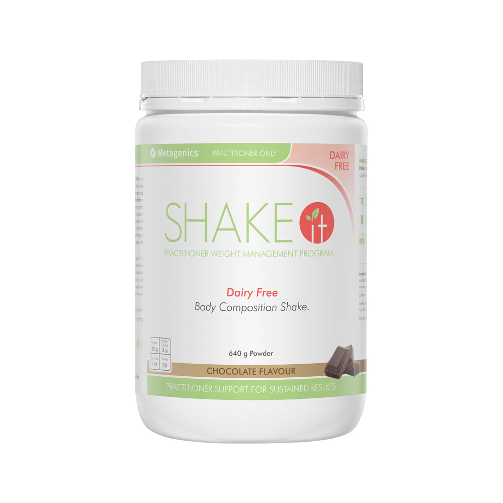 image of Metagenics Shake It Dairy Free Chocolate Oral Powder 640g on white background