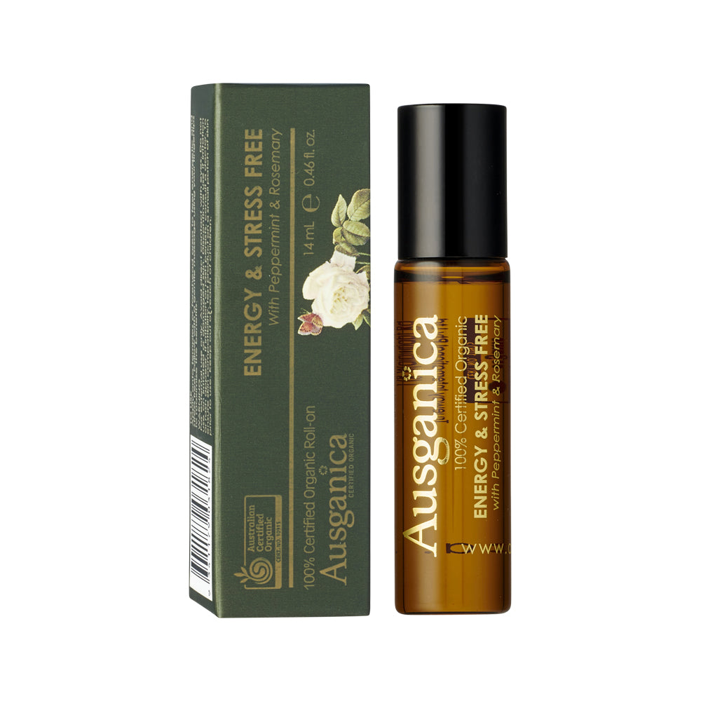 Image of Ausganica Organic Roll-On Energy & Stress Free with Peppermint & Rosemary14ml on white background