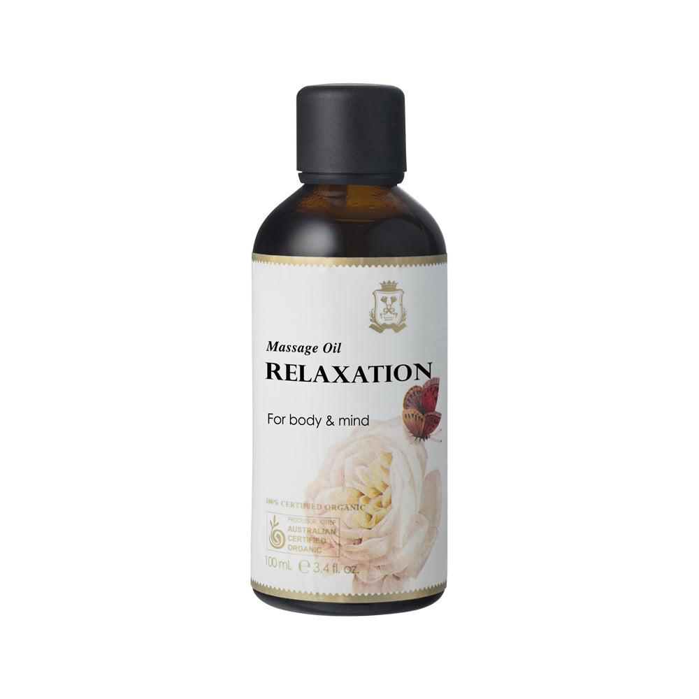 Massage oil bottle labeled 'Relaxation' with a white background