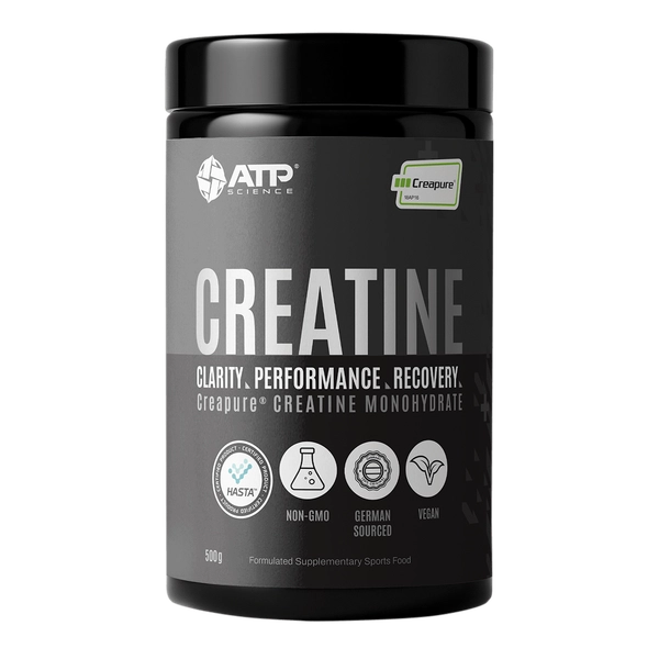 Creatine supplement container 500g with ATP Science branding on a white background