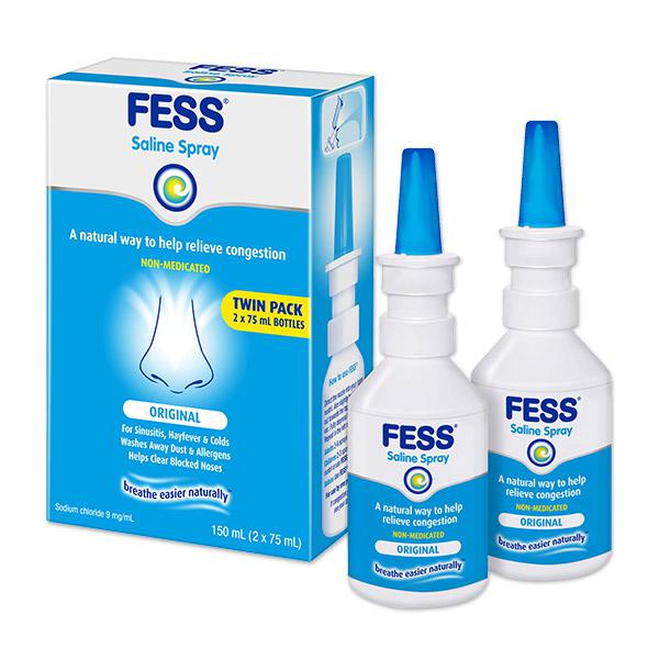 FESS Saline Spray  75ML PACK 2 packaging and bottles on a white background