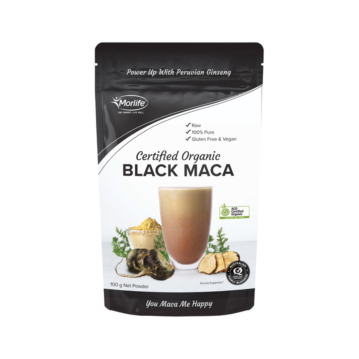 image of Morlife Organic Black Maca Powder 100g on white background