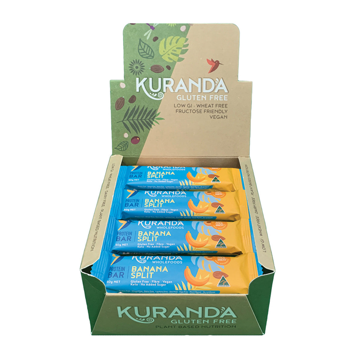 image of Kuranda Wholefoods Gluten Free Protein Bars Banana Split 50g x 16 Display on white background