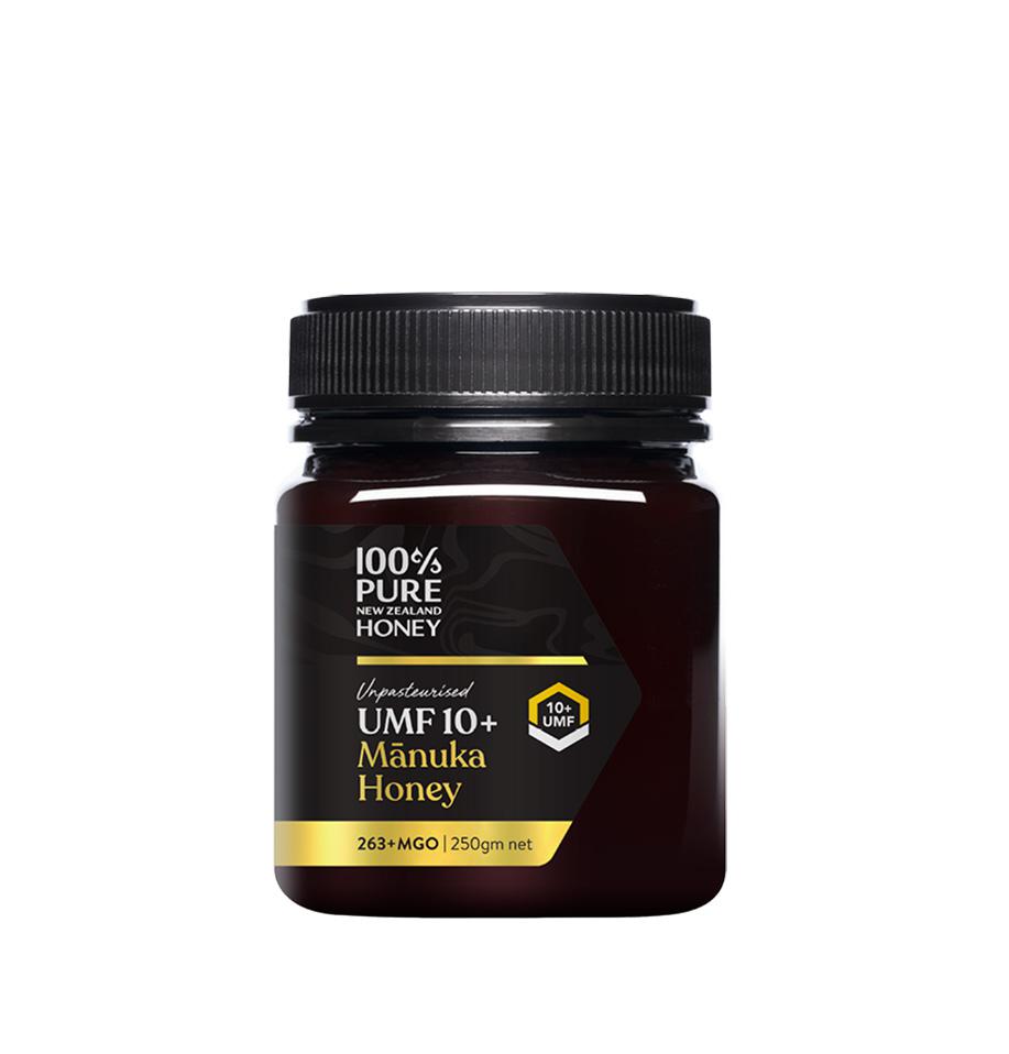 image of 100% PURE NZ HONEY UMF10+ MANUKA HONEY 250GM JAR on white background 