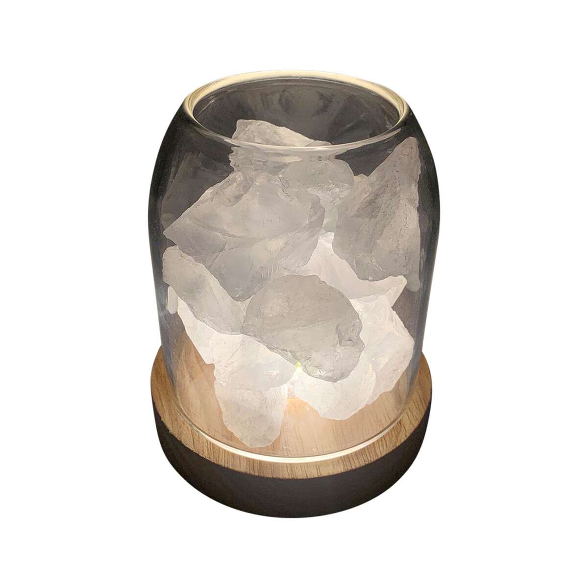 image of Amrita Court Aurora Crystal Diffuser Wooden Base with Light Clear Quartz on white background