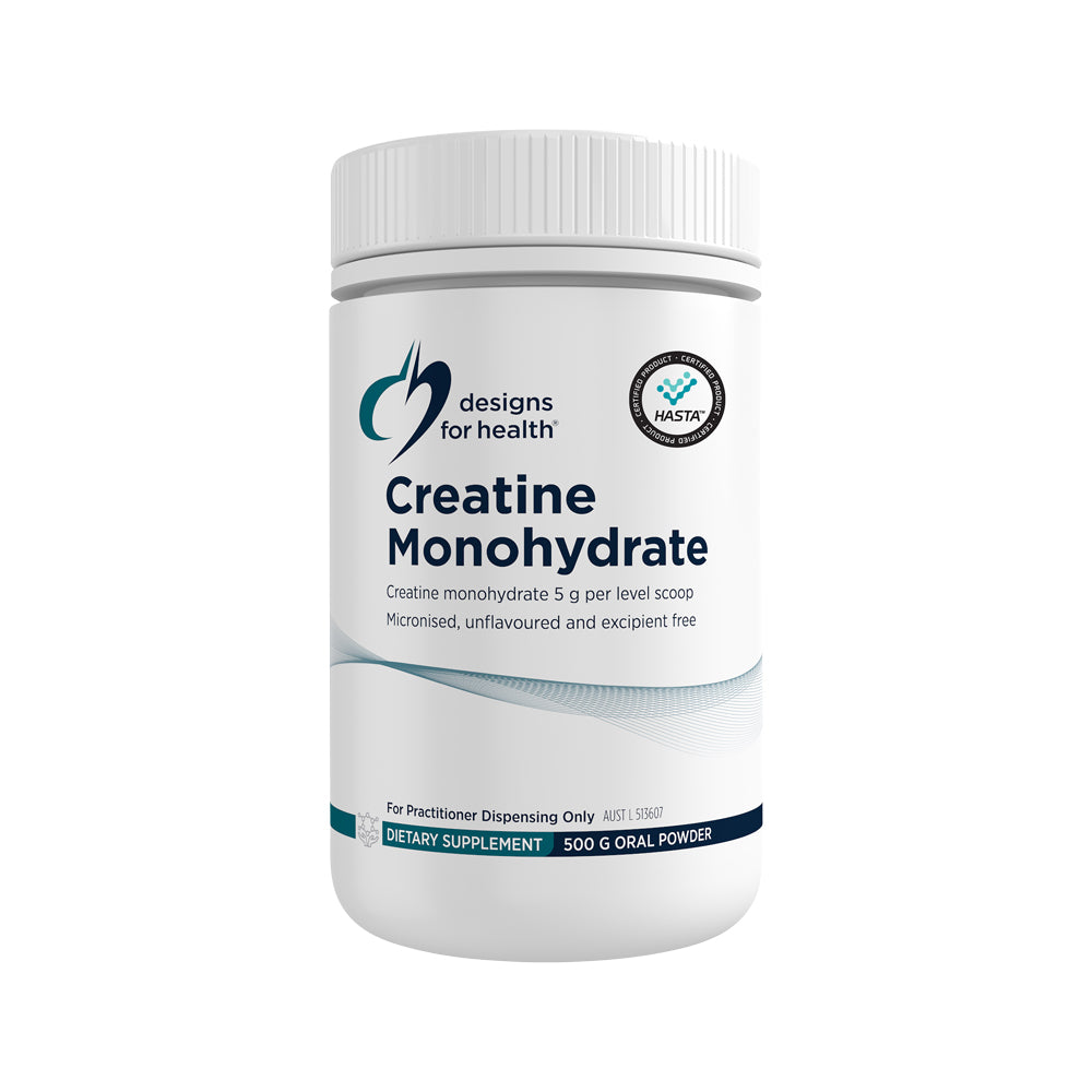 Supplement container labeled 'Creatine Monohydrate 500g' by Designs for Health on a white background