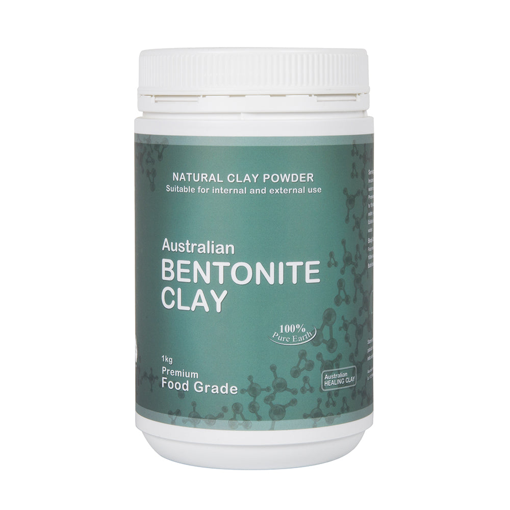 Container of Australian Bentonite Clay 1kg with a green label on a white background