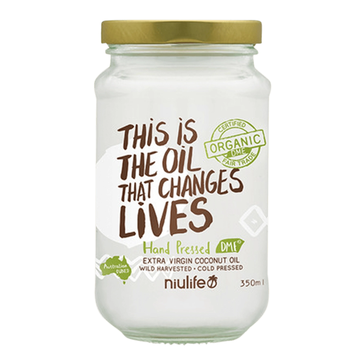 Jar of Niulife
Extra Virgin Coconut Oil 350ml with gold lid on a white background