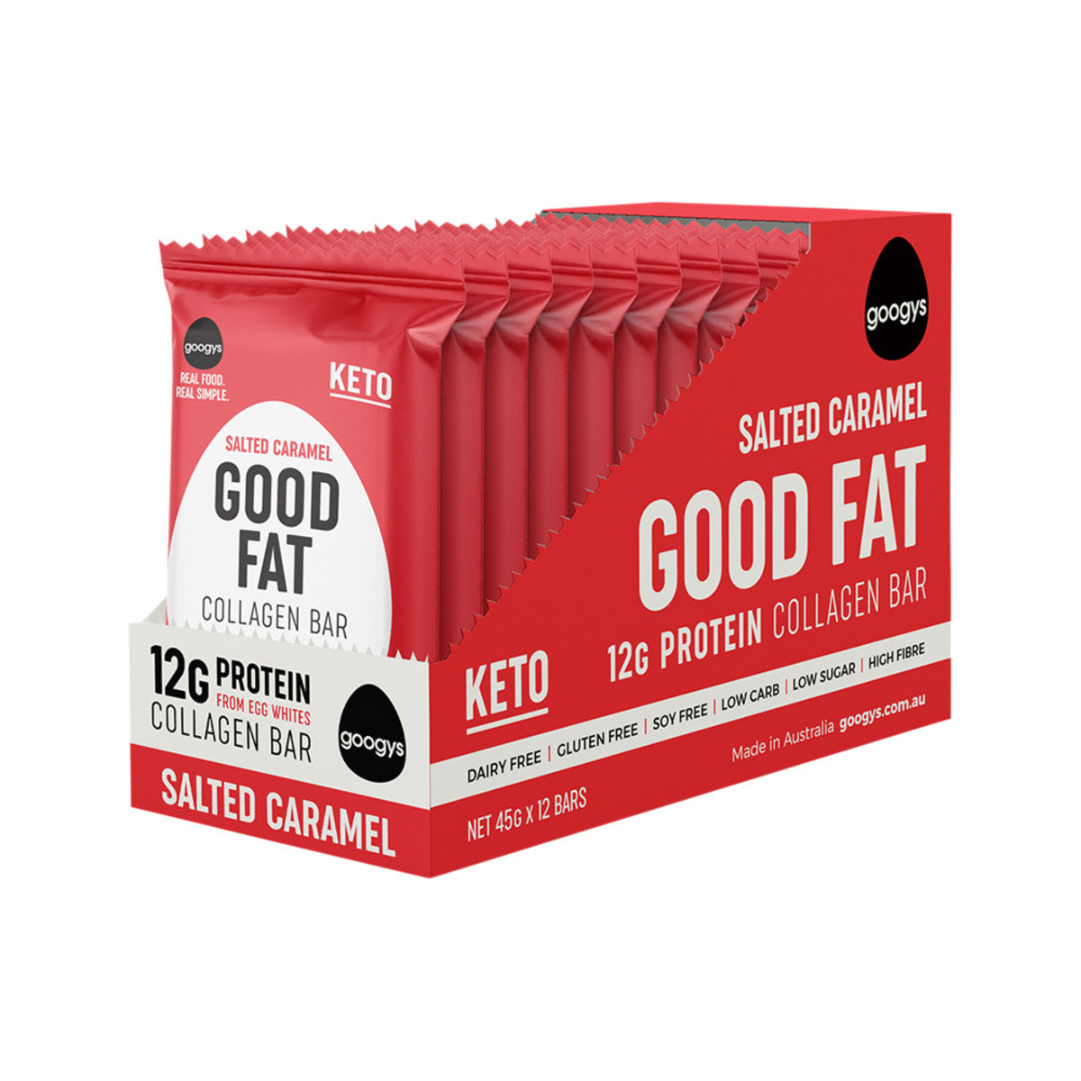image of Googys Good Fat Collagen Bar Salted Caramel 45g x 12  on white background