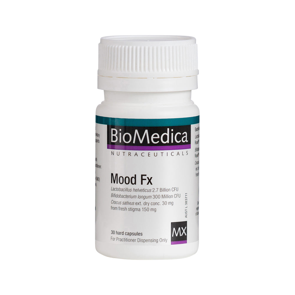 BioMedica Nutraceuticals Mood FX 30c supplement bottle on a white background
