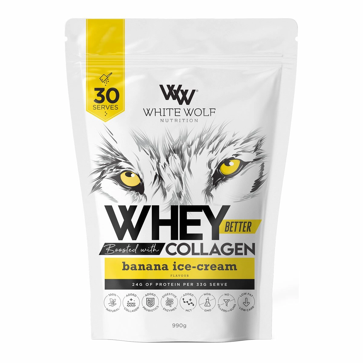 image of White Wolf Nutrition Whey Better Collagen (Banana IceCream) 990g on white background