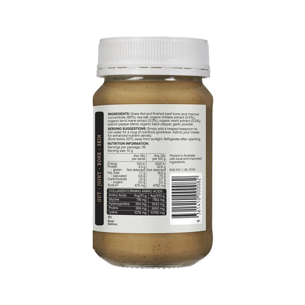 image of Best of the Bone Bone Broth Beef Concentrate Healing Mushrooms Organic Lions Mane Reishi Shiitake 390g on white background