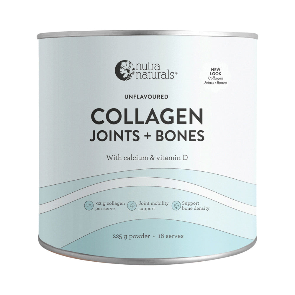 Canister of Nutra Naturals Collagen Joints + Bones 225g supplement on a white background