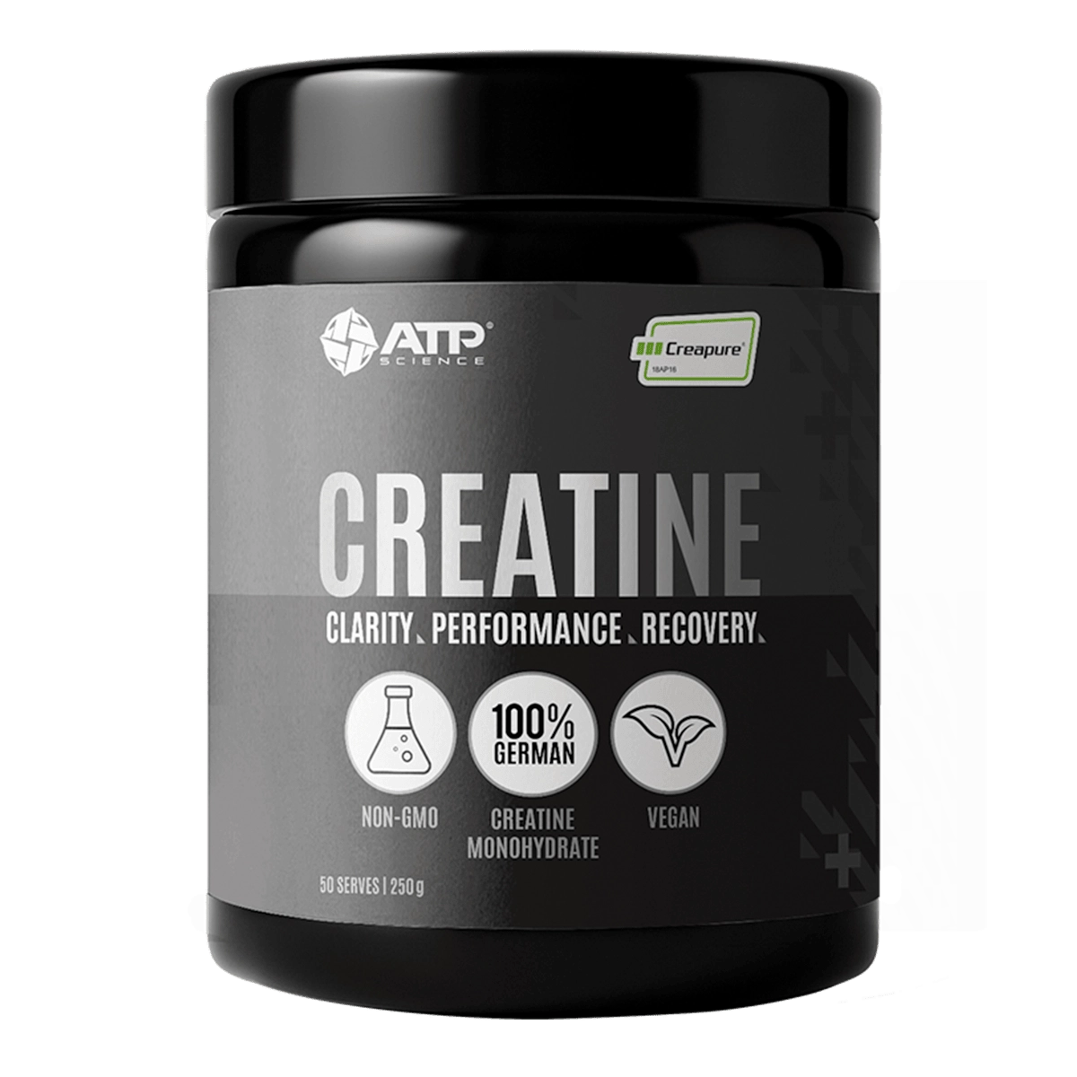 Creatine supplement container 250gm with ATP Science branding on a white background