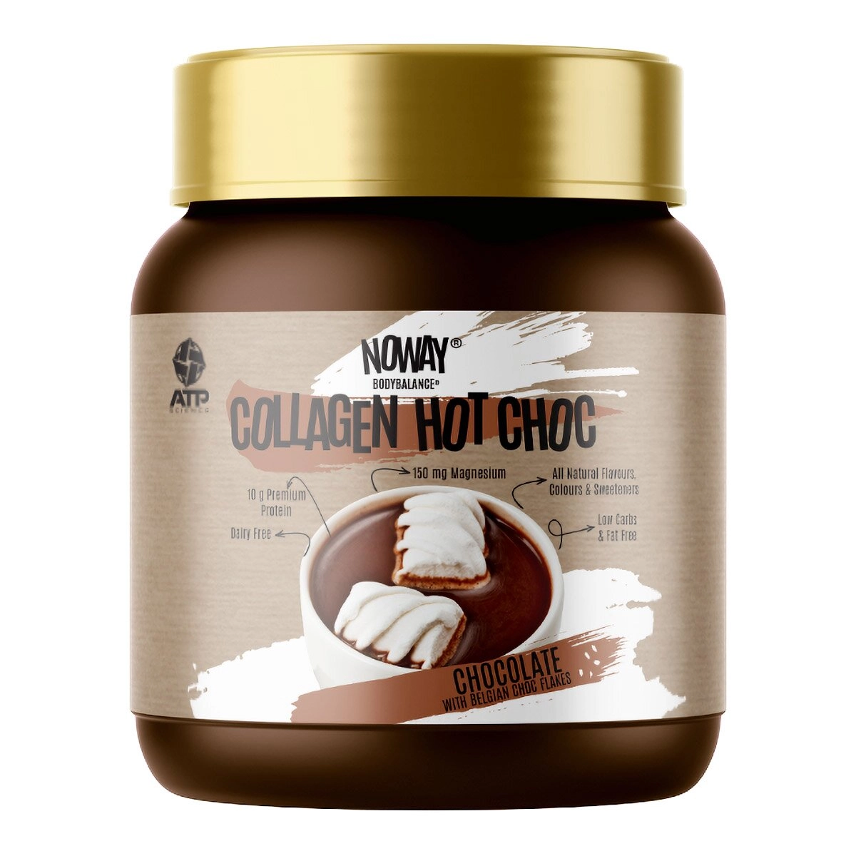 Jar of Noway Collagen Hot Choc with gold lid on a white background