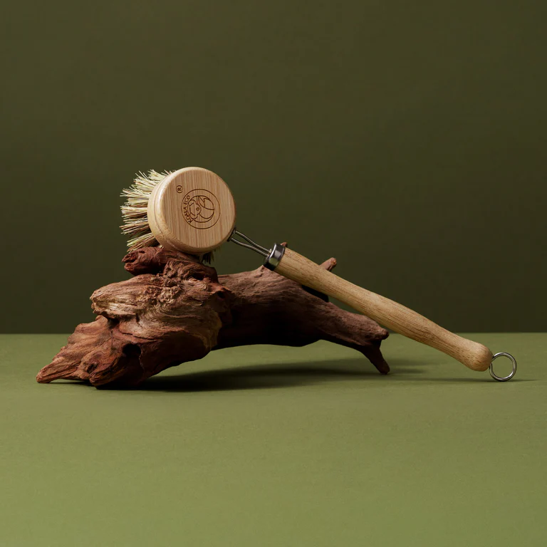 Wooden scrubber with a circular brush head on a piece of wood against a green background