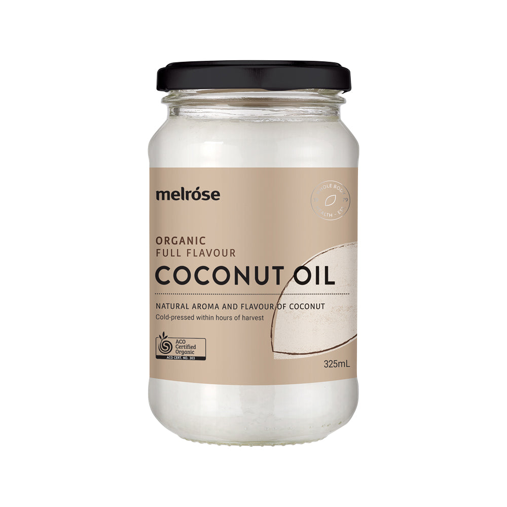 Jar of Melrose Organic Full Flavour Coconut Oil 325ml on a white background