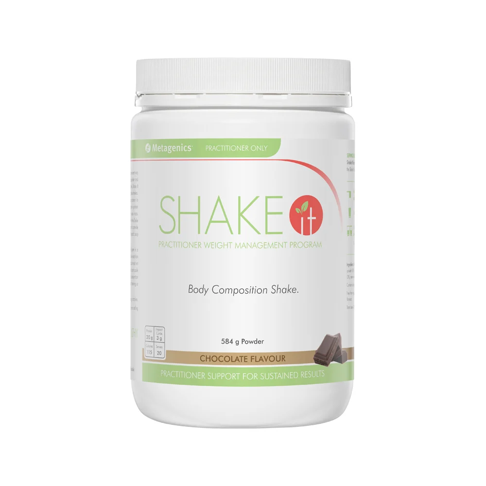 image of Metagenics Shake It Chocolate Oral Powder 584g on white background 