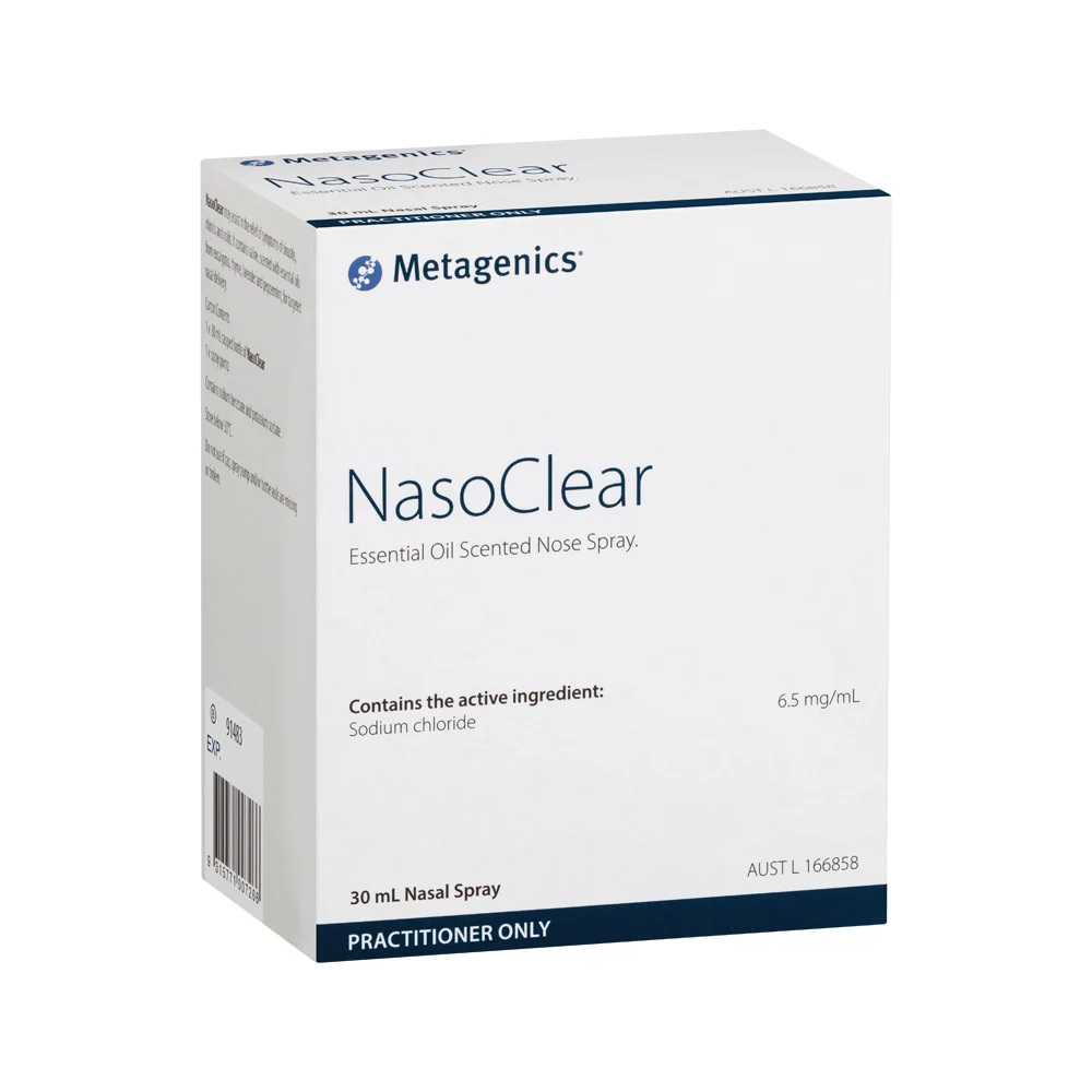 image of Metagenics NasoClear 30 mL nasal spray on white background