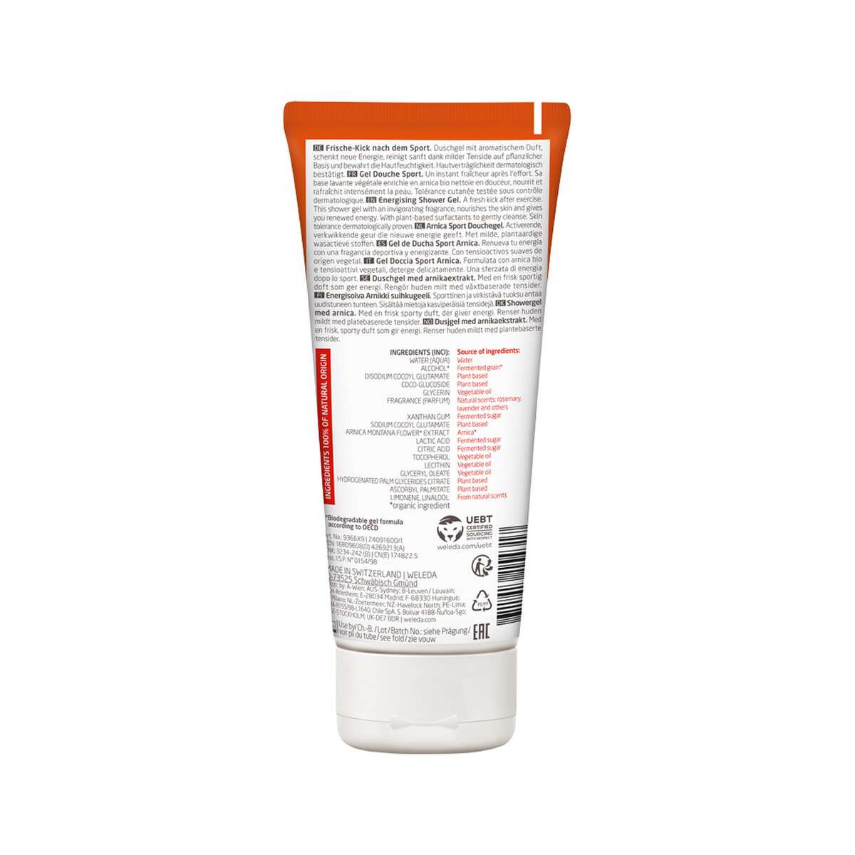 image of Weleda Organic Sport Energising Shower Gel Arnica 200ml on white background