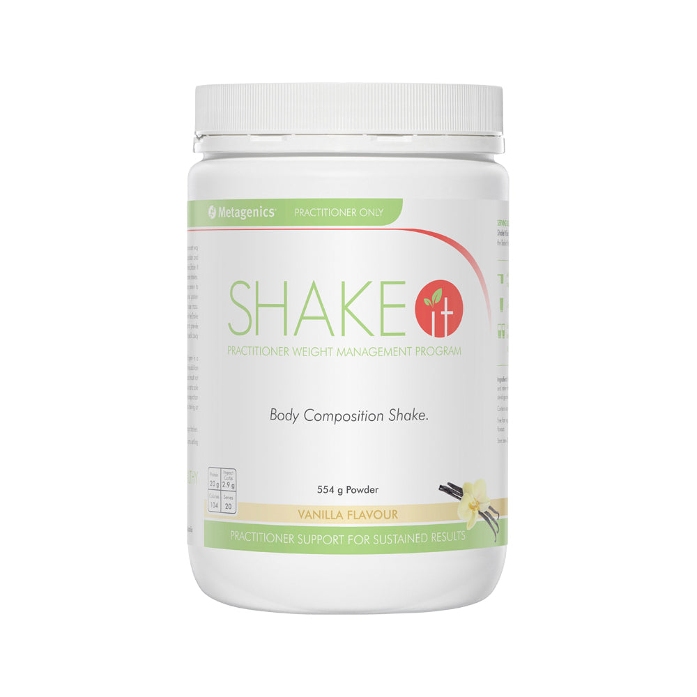 image of Metagenics Shake It Vanilla Oral Powder 554g on white backgrounds
