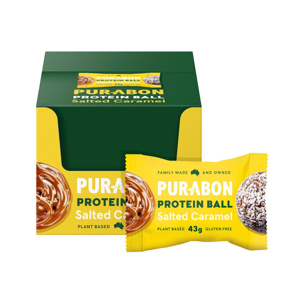 image of Purabon Protein Balls Salted Caramel 43g x 12 on white background