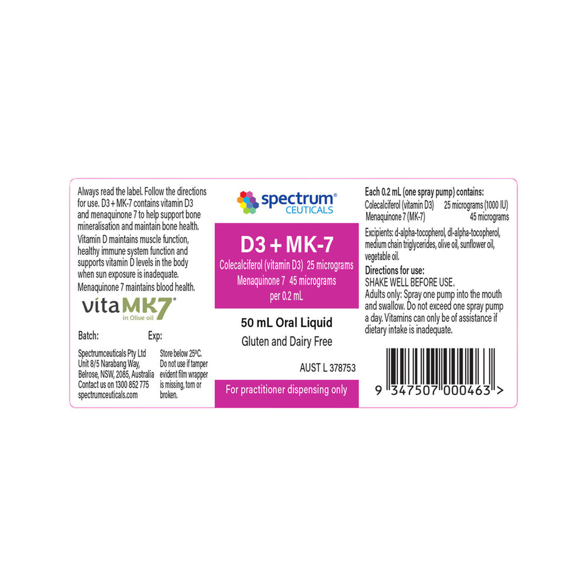 image of Spectrumceuticals D3 + MK-7 Spray Oral Liquid 50ml on white background
