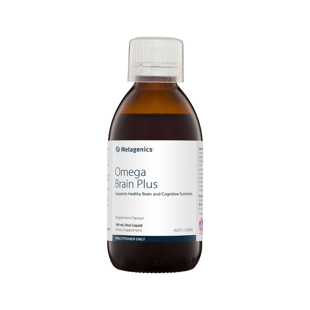 image of Metagenics Omega Brain Plus Peppermint Oral Liquid 190ml
 on white background 