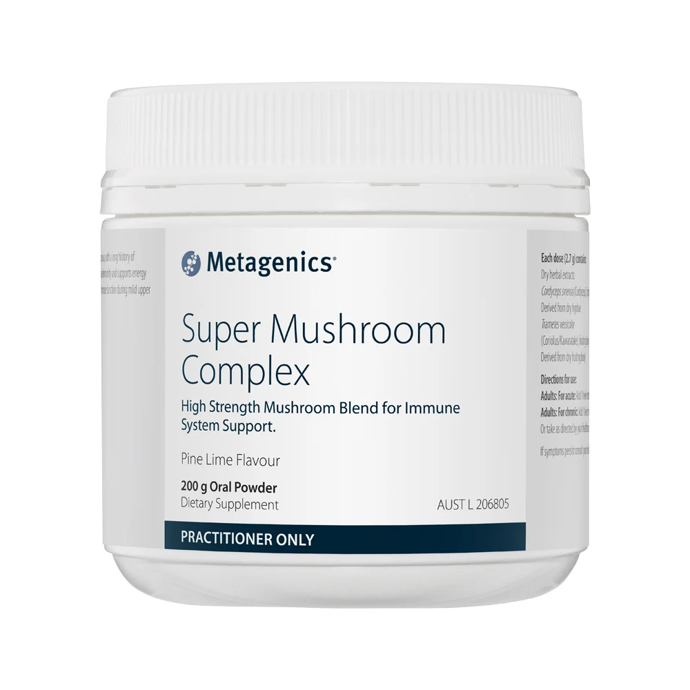 image of Metagenics Super Mushroom Complex Pine Lime Oral Powder 200g on whit background  