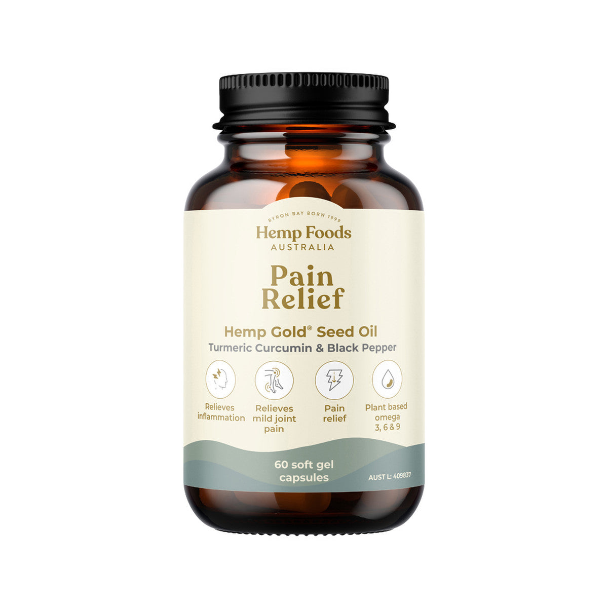 image od Hemp Foods Australia Pain Relief Hemp Gold Seed Oil (Turmeric Curcumin & Black Pepper) Capsules 60c on white background