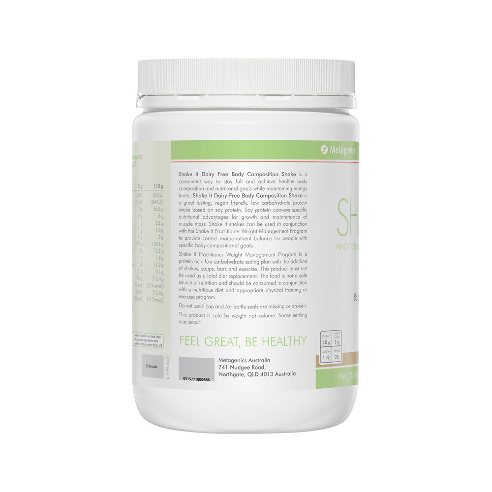 image of Metagenics Shake It Dairy Free Chocolate Oral Powder 640g on white background