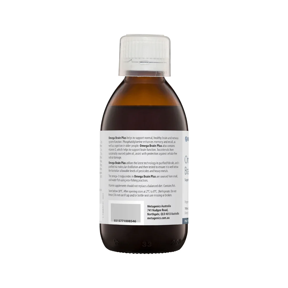 image of Metagenics Omega Brain Plus Peppermint Oral Liquid 190ml
 on white background 