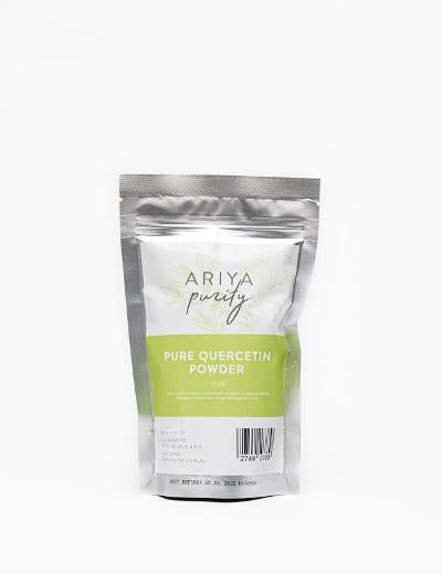 Ariya purity package of pure quercetin powder on a white background