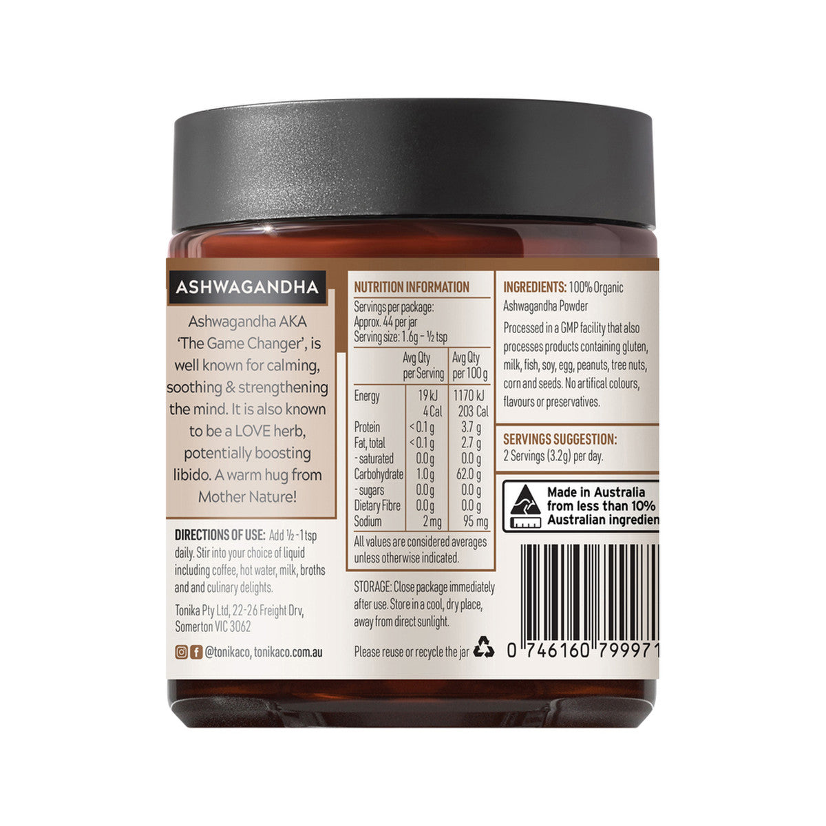 image of Tonika 100% Organic Powder Ashwagandha 70g on white background