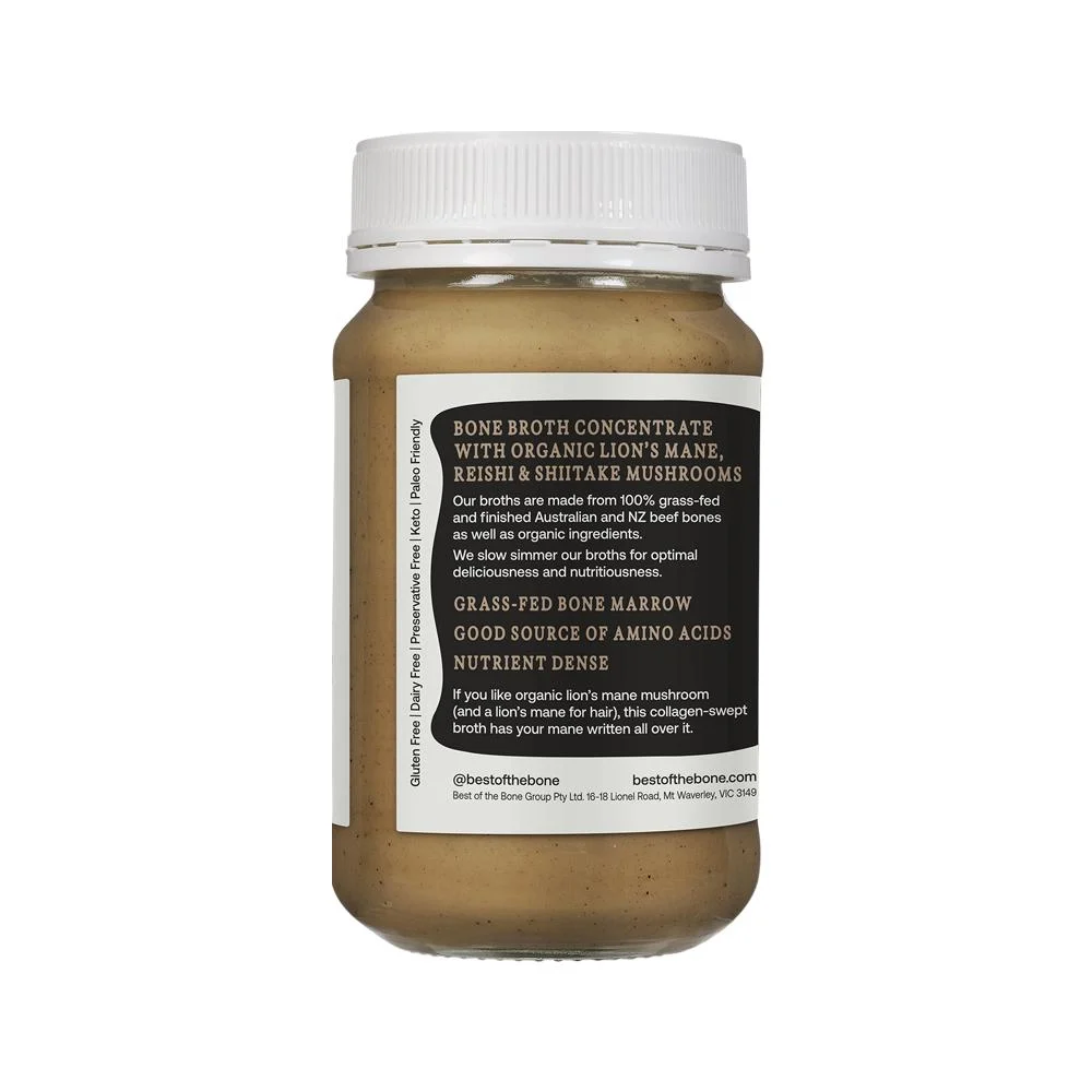 image of Best of the Bone Bone Broth Beef Concentrate Healing Mushrooms Organic Lions Mane Reishi Shiitake 390g on white background