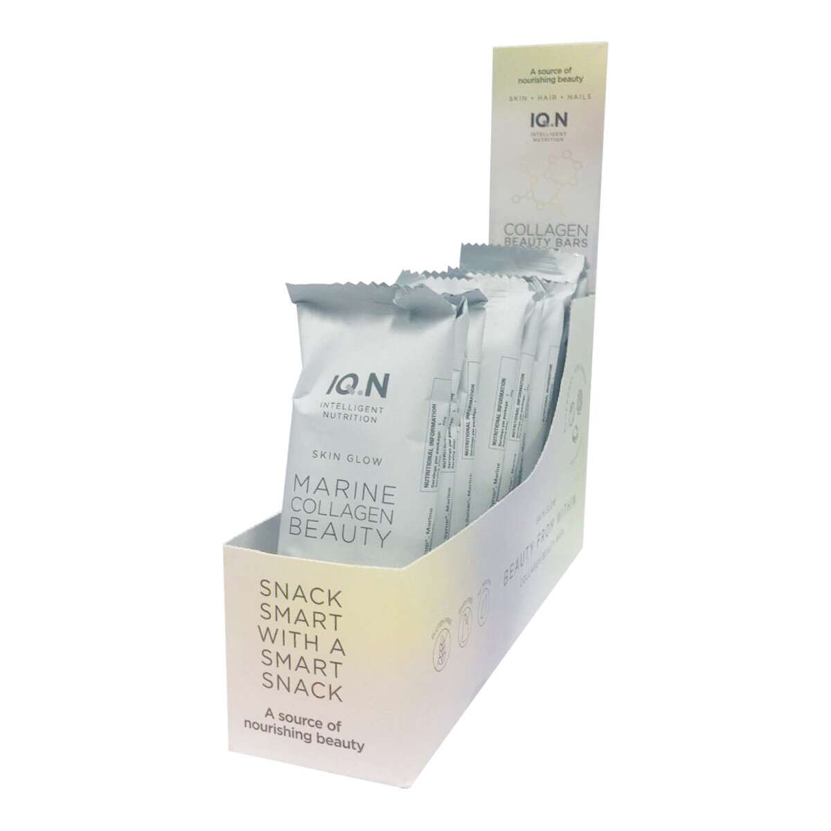 image of IQ.N Intelligent Nutrition Marine Collagen Beauty Bar (Skin Glow) Blueberry + Rose + Pistachio 45g x 10 on white background