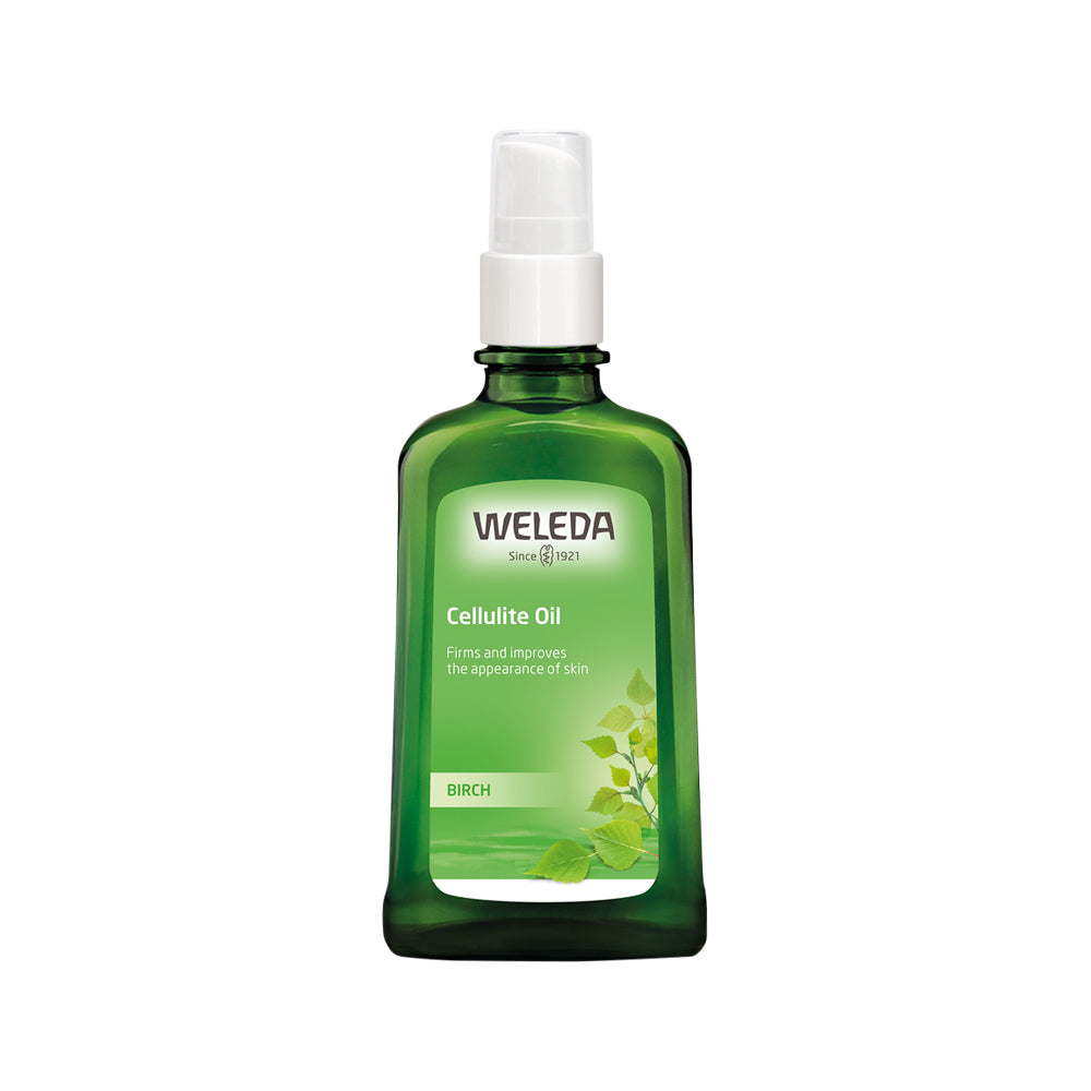 Weleda Cellulite Oil Birch 100ml bottle with a white spray cap on a white background