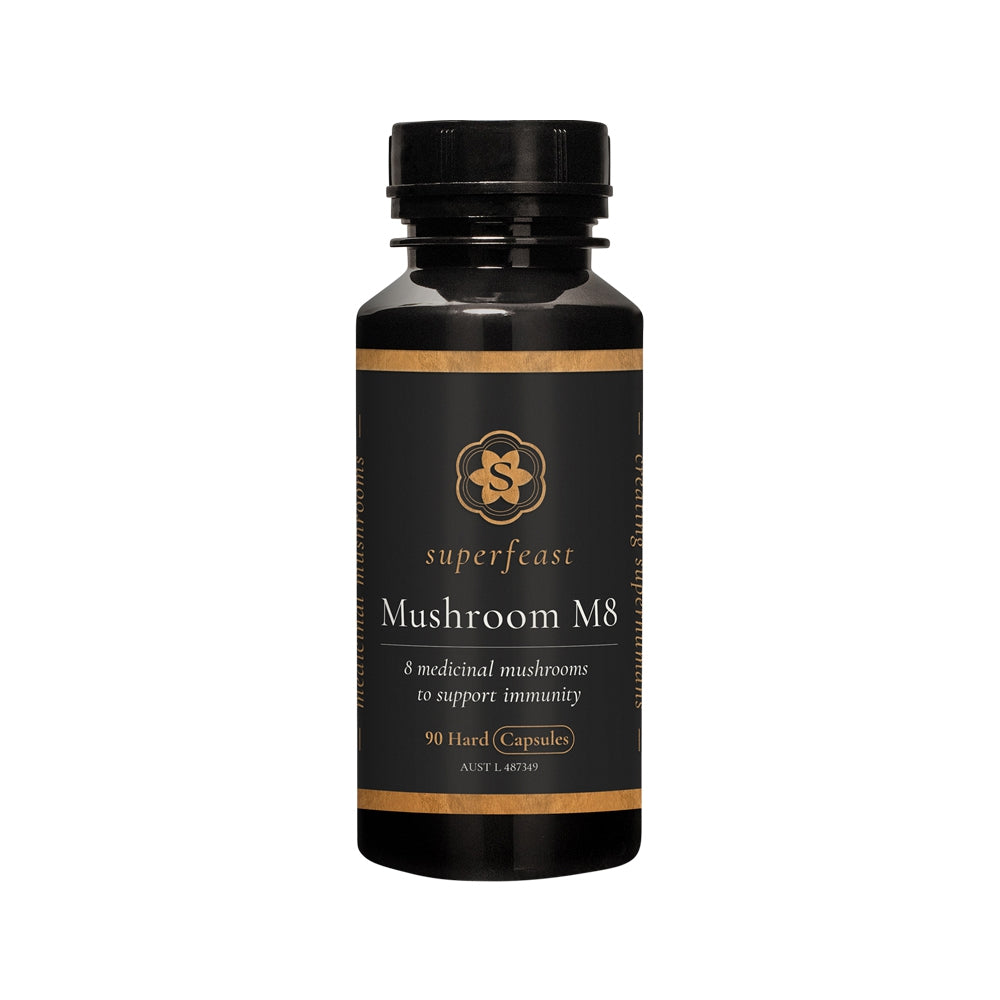 Black bottle of Superfeast Mushroom M8 90 capsules on a white background