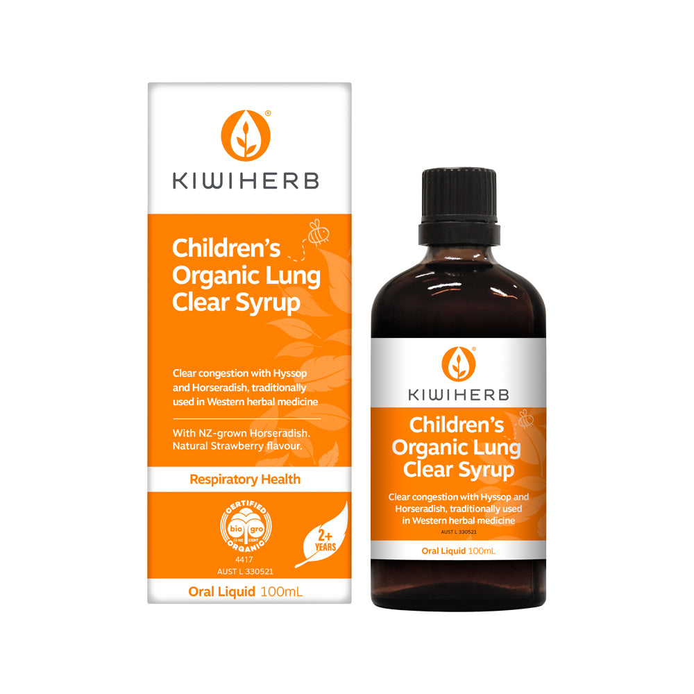 image of Kiwiherb Children's Organic Lung Clear Syrup 100ml on white background 