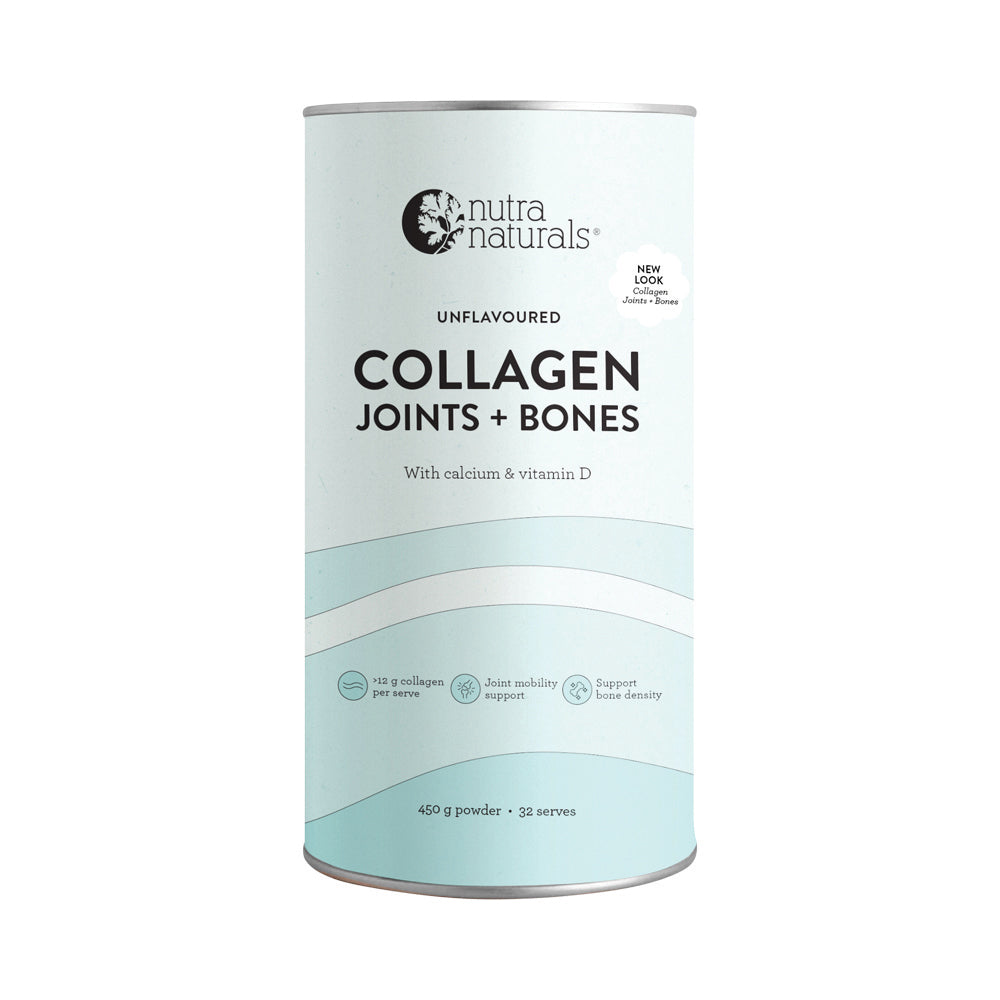Canister of Nutra Naturals Collagen Joints + Bones 450g supplement on a white background