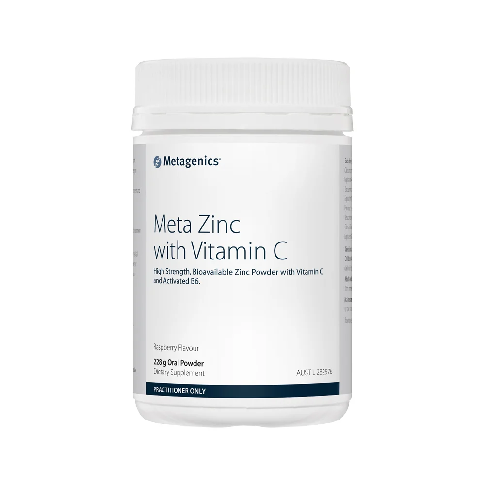 image of Metagenics Meta Zinc with Vitamin C Raspberry Oral Powder 228g on white background