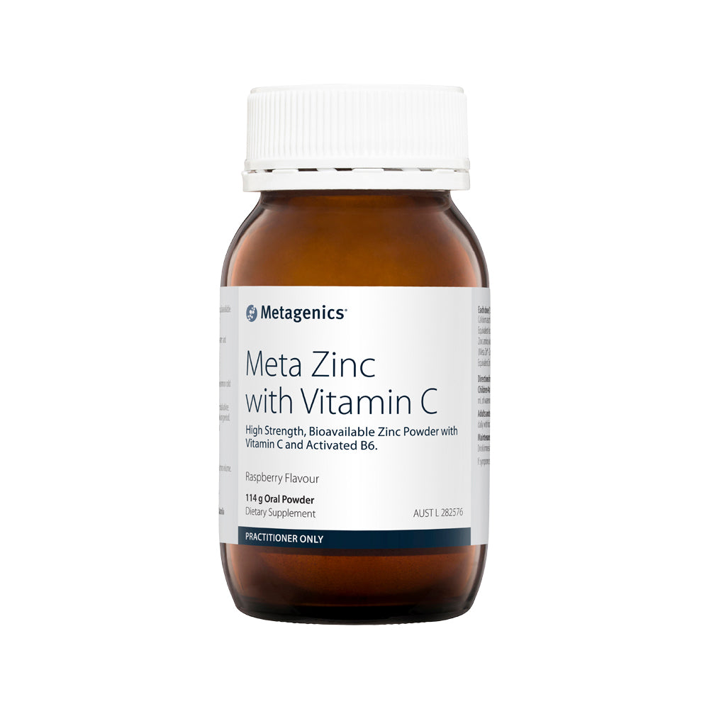 image of Metagenics Meta Zinc with Vitamin C Raspberry Oral Powder 114g on white background