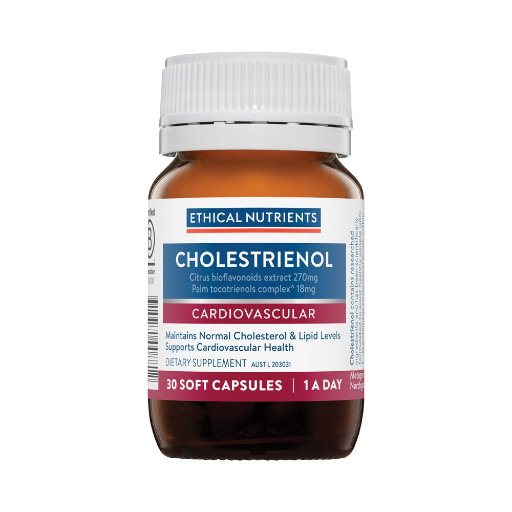 Bottle of Ethical Nutrients Cholestrienol supplement 30 c on a white background
