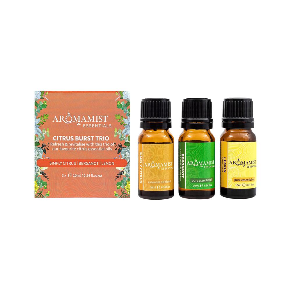Aromamist Citrus Burst Trio essential oil set with packaging on a white background