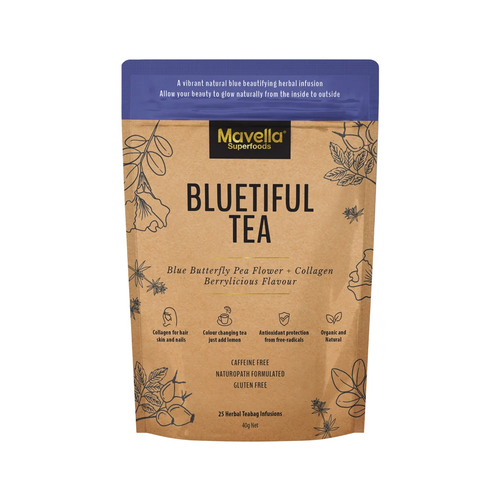 image of Mavella Superfoods Bluetiful Tea Blue Butterfly Pea Flower + Collagen Berrylicious Flavour x 25 Tea Bags on white background