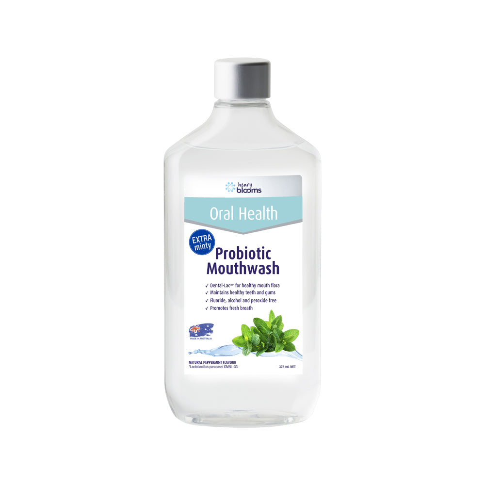 image of Henry Blooms Oral Health Probiotic Mouthwash Peppermint 375ml on white background
